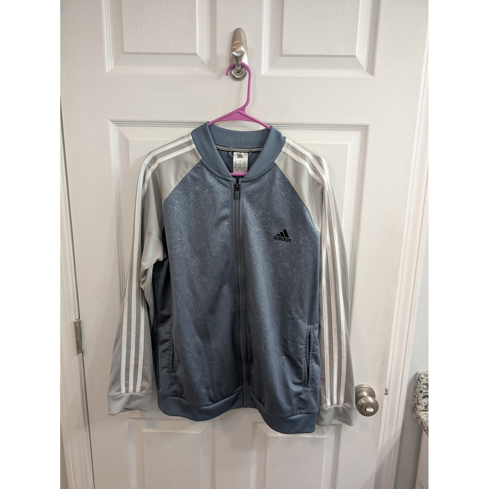 Adidas Floral Track Jacket Womens Blue‎ Grey Zip Up 3-Stripe Bomber - Size XL